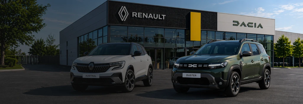Modernes Autohaus mit Renault- und Dacia-Schriftzug, davor ein heller Renault Austral und ein grüner Dacia Duster
